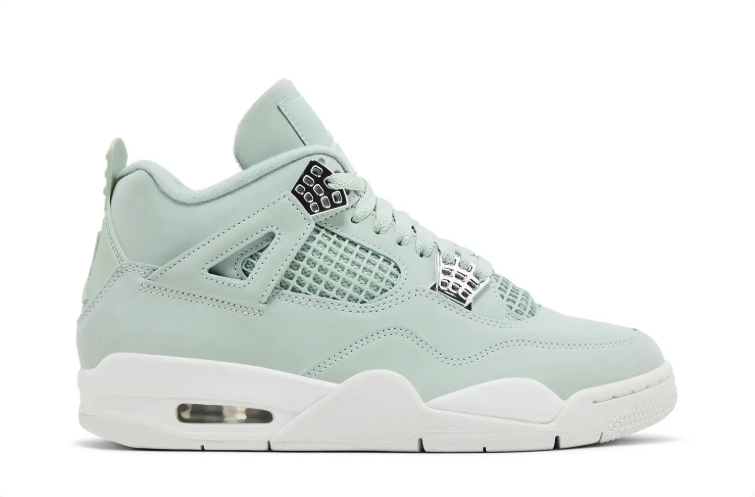 Air Jordan 4 Sneakers – Pale Mint & White with Metallic Silver Accents