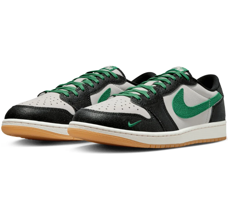 Air Jordan Low-Top Sneakers – Black, White & Green with Gum Sole