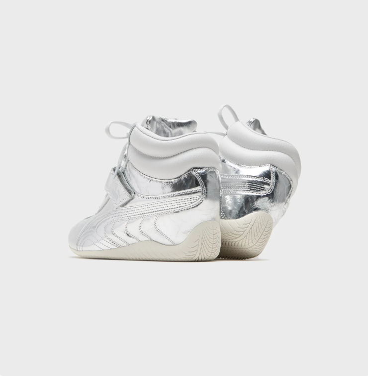 PUMA Metallic Silver & White High-Top Strap Sneakers