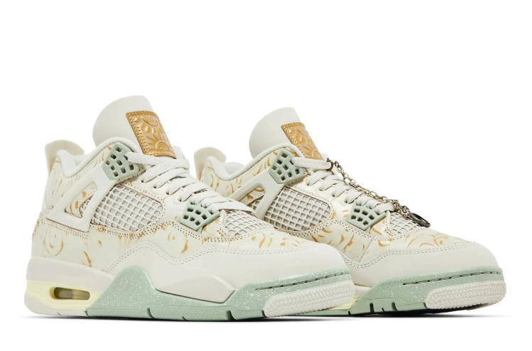 Air Jordan 4 Sneakers – Cream & Pale Mint with Gold Pattern