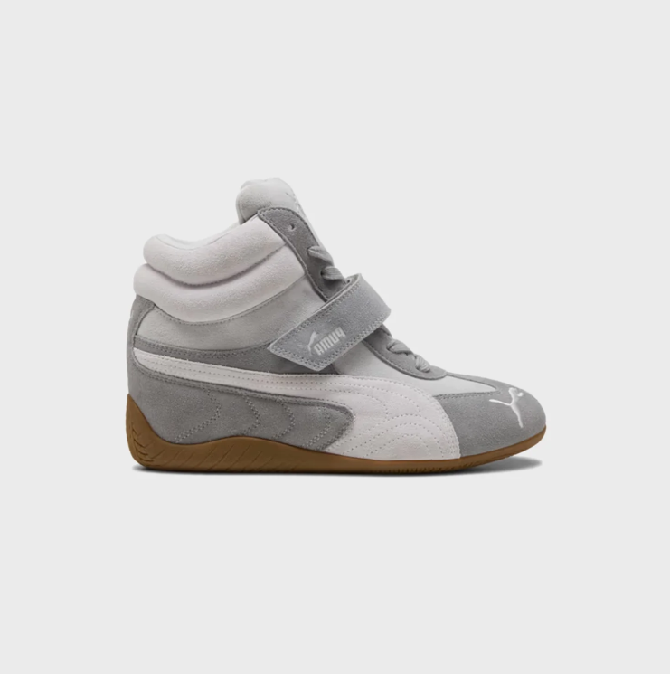 PUMA Grey & White High-Top Strap Sneakers with Gum-Colored Sole
