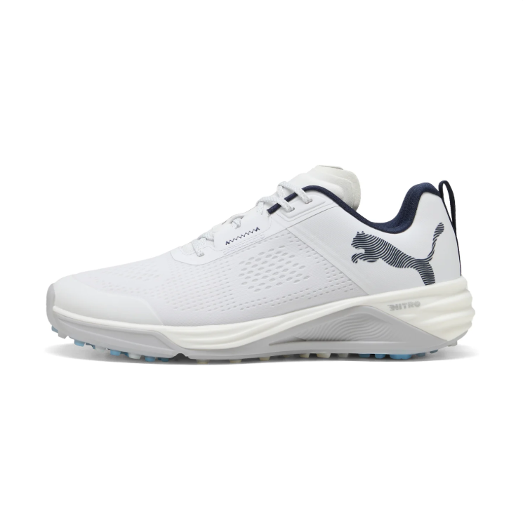 PUMA White Lace-Up Shoes with Dark Accents & Blue Studded Outsole
