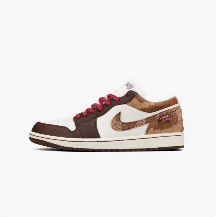 Air Jordan 1 Low Sneakers – Brown & Cream with Camouflage Accents and Red Laces