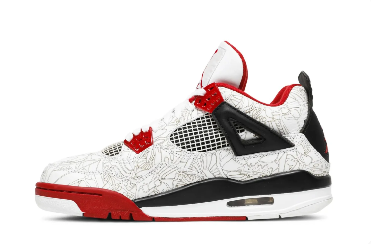 Air Jordan 4 Sneakers – White, Red & Black with Line-Art Pattern