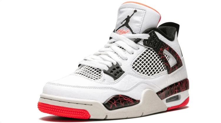 Air Jordan 4 Sneakers – White & Black with Red Crackle Accents