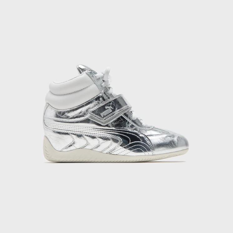 PUMA Metallic Silver & White High-Top Strap Sneakers