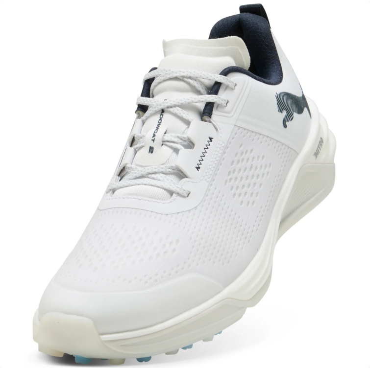 PUMA White Lace-Up Shoes with Dark Accents & Blue Studded Outsole
