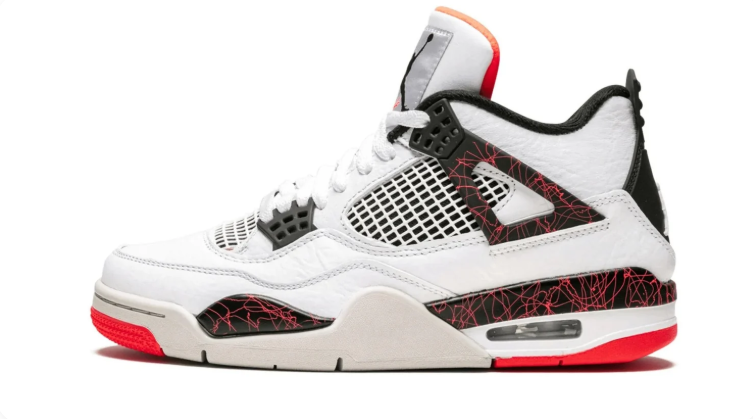 Air Jordan 4 Sneakers – White & Black with Red Crackle Accents