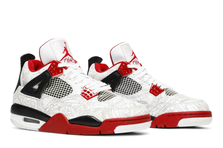 Air Jordan 4 Sneakers – White, Red & Black with Line-Art Pattern