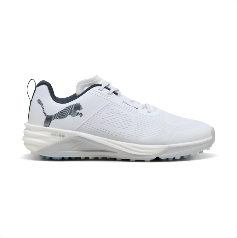PUMA White Lace-Up Shoes with Dark Accents & Blue Studded Outsole