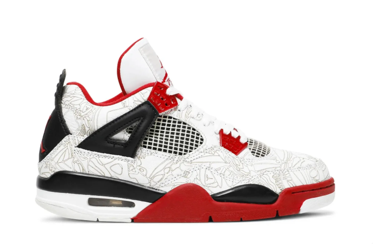 Air Jordan 4 Sneakers – White, Red & Black with Line-Art Pattern