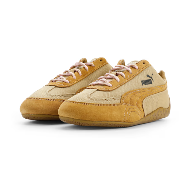 PUMA Slim Low-Top Sneakers – Beige & Ochre with Pink Laces