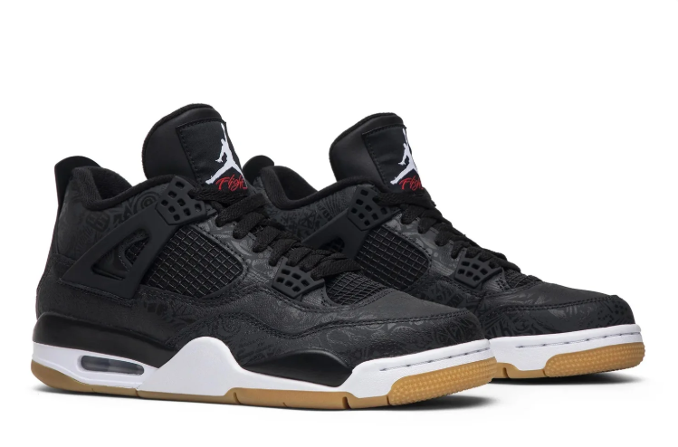Air Jordan 4 Sneakers – Black with Tonal Pattern & Gum Sole