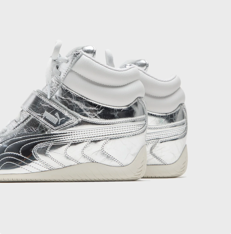PUMA Metallic Silver & White High-Top Strap Sneakers