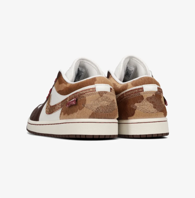 Air Jordan 1 Low Sneakers – Brown & Cream with Camouflage Accents and Red Laces