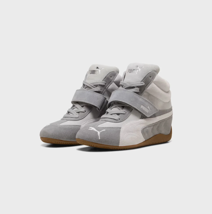 PUMA Grey & White High-Top Strap Sneakers with Gum-Colored Sole