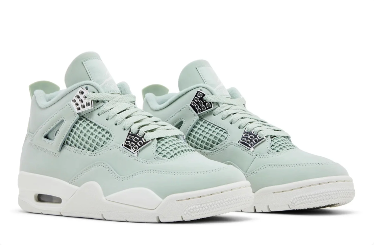 Air Jordan 4 Sneakers – Pale Mint & White with Metallic Silver Accents