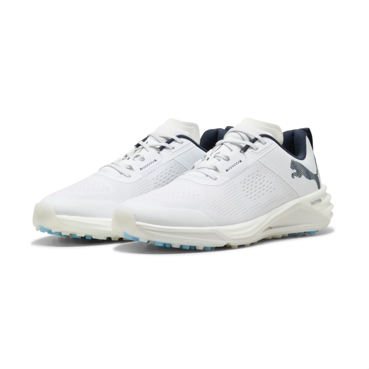 PUMA White Lace-Up Shoes with Dark Accents & Blue Studded Outsole