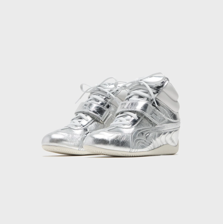PUMA Metallic Silver & White High-Top Strap Sneakers