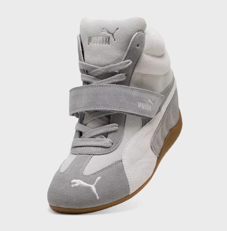PUMA Grey & White High-Top Strap Sneakers with Gum-Colored Sole