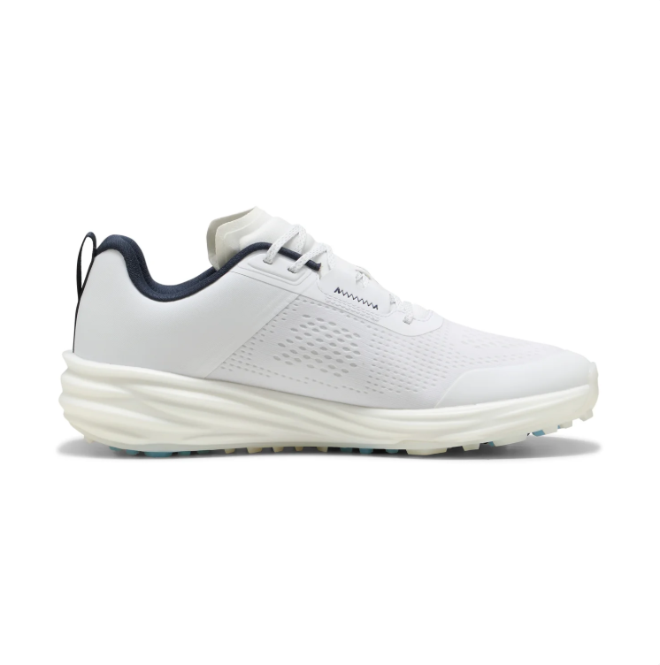 PUMA White Lace-Up Shoes with Dark Accents & Blue Studded Outsole