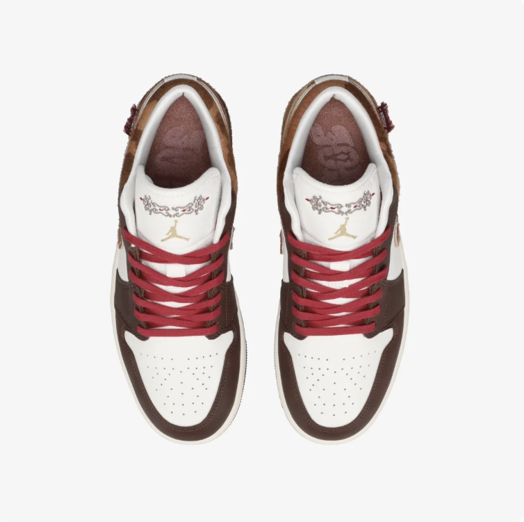 Air Jordan 1 Low Sneakers – Brown & Cream with Camouflage Accents and Red Laces