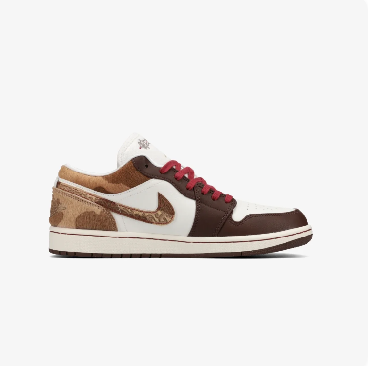 Air Jordan 1 Low Sneakers – Brown & Cream with Camouflage Accents and Red Laces