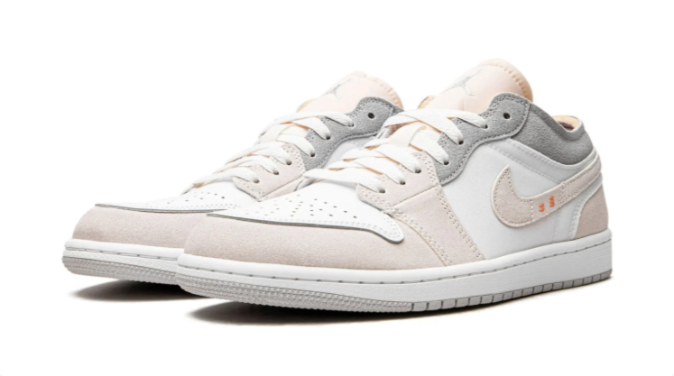 Air Jordan 1 Low Sneakers – White, Cream & Gray with Orange Accents