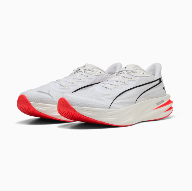 PUMA White & Coral Red Lace-Up Sneakers with Black Detailing